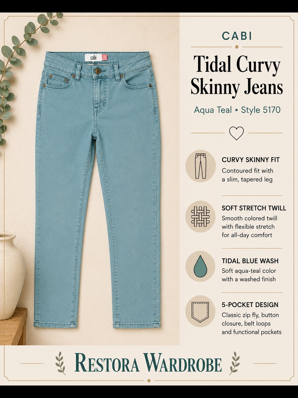 Cabi Aqua Teal Skinny Jeans Size 8 Curvy Fit Stretch Denim Tidal 5170